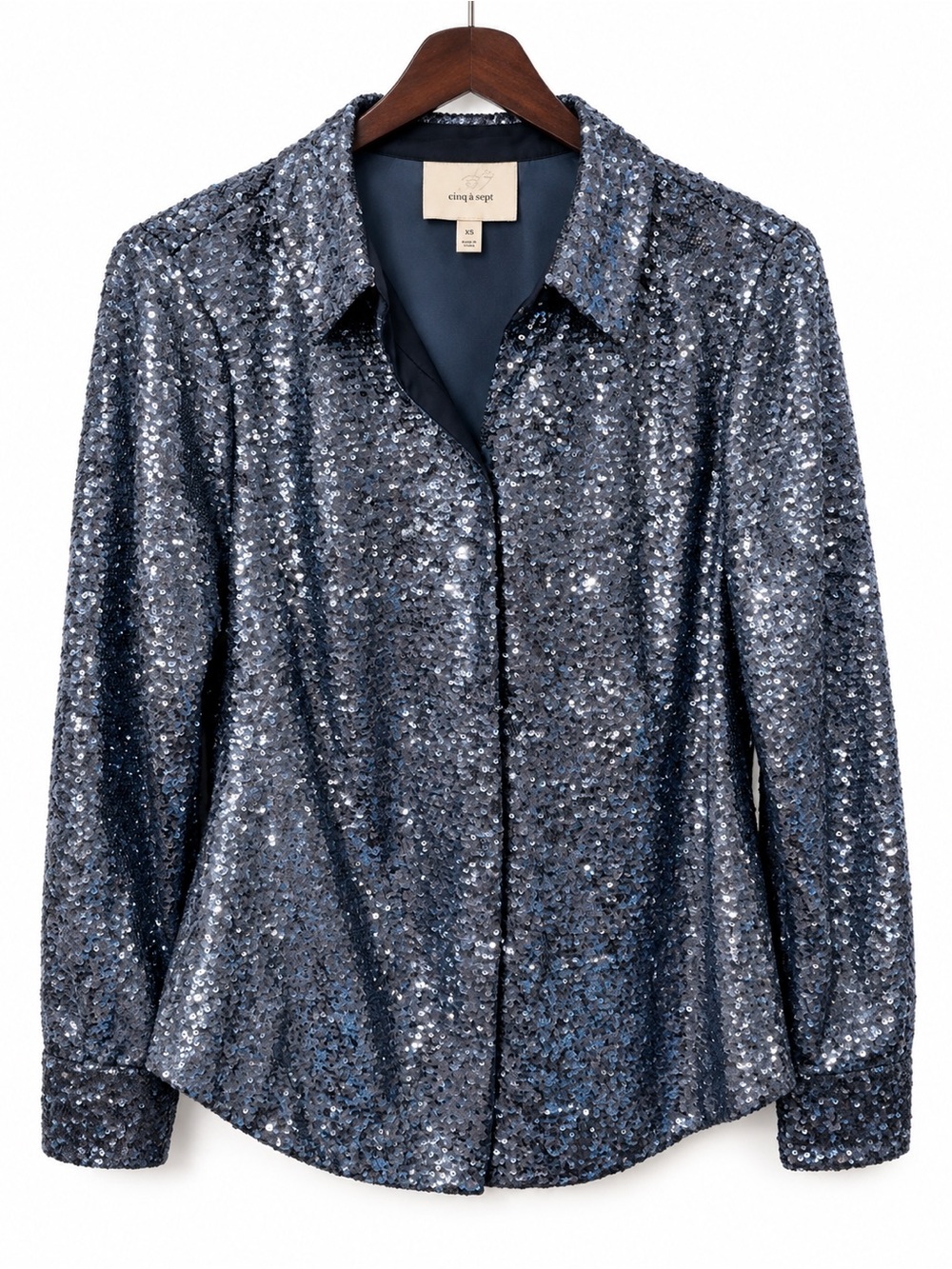 cinq a sept Navy Sequin Button-Down Shirt